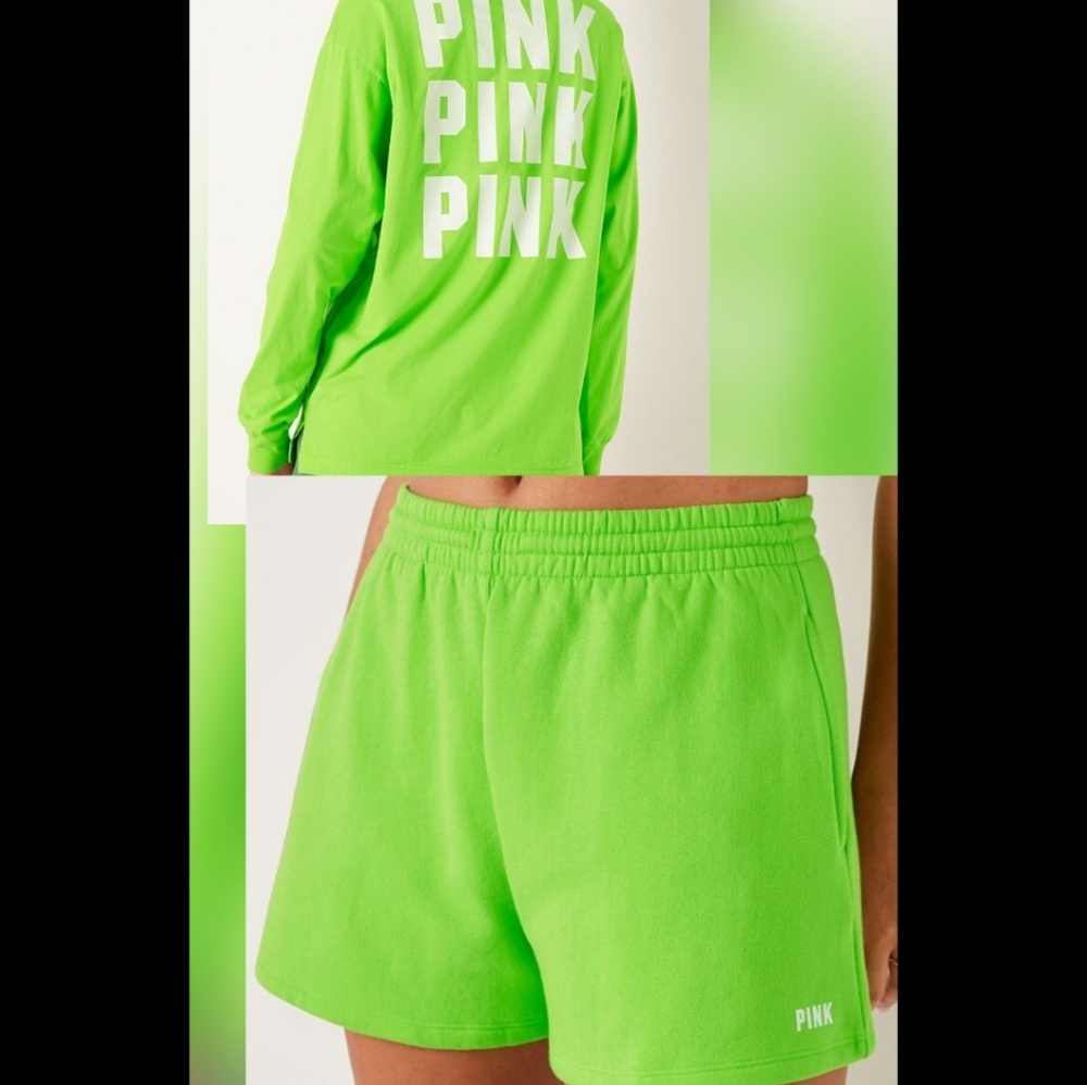 VS PINK outfit shorts CAMPUS TEE SHIRT LS LIME GREEN l set